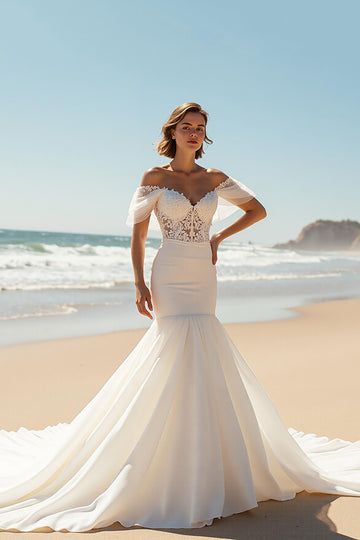 Ivory Mermaid Off the Shoulder Chapel Train Wedding Dress with Lace Appliques